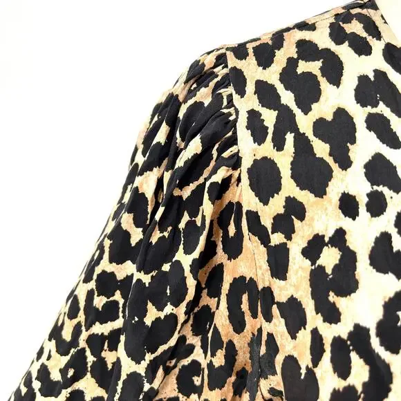 Ganni Silk Leopard Print Long Sleeve V-Neck Wrap Maxi Dress